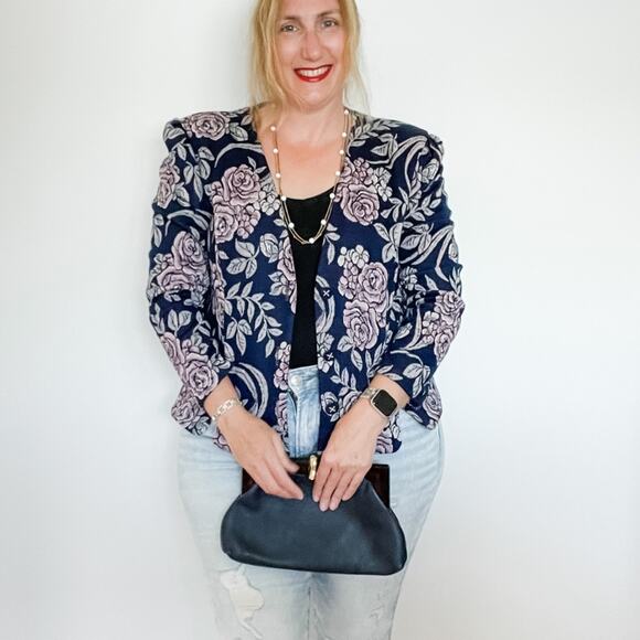 Vintage 80s floral lightweight knit tapestry jacket padded shoulder plus size 16 - Picture 8 of 8